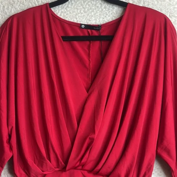 NWT Krisa Womens Red Long Sleeve Drape Skirt Surplice Mini Dress XS XSMALL